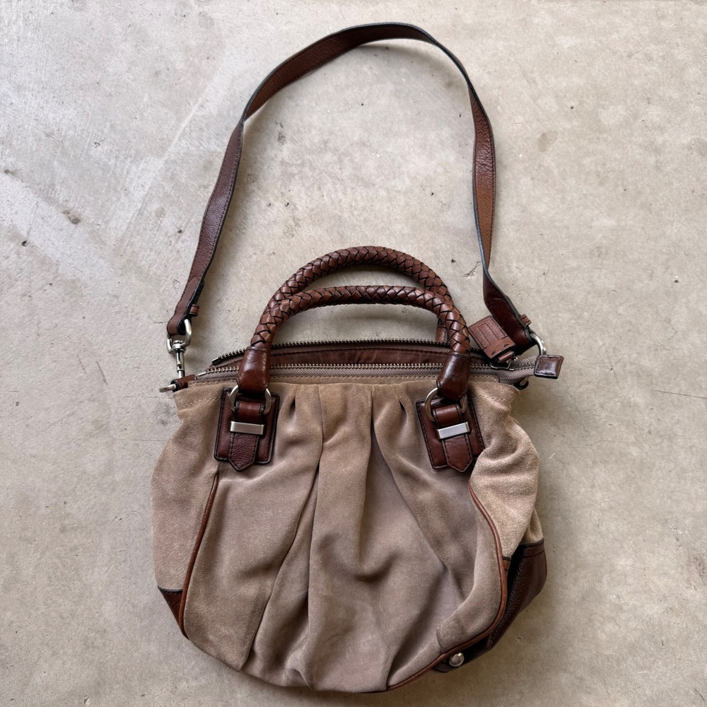 Banana Republic Suede Leather‎ Satchel Bag Braided Handle Tan Brown Crossbody